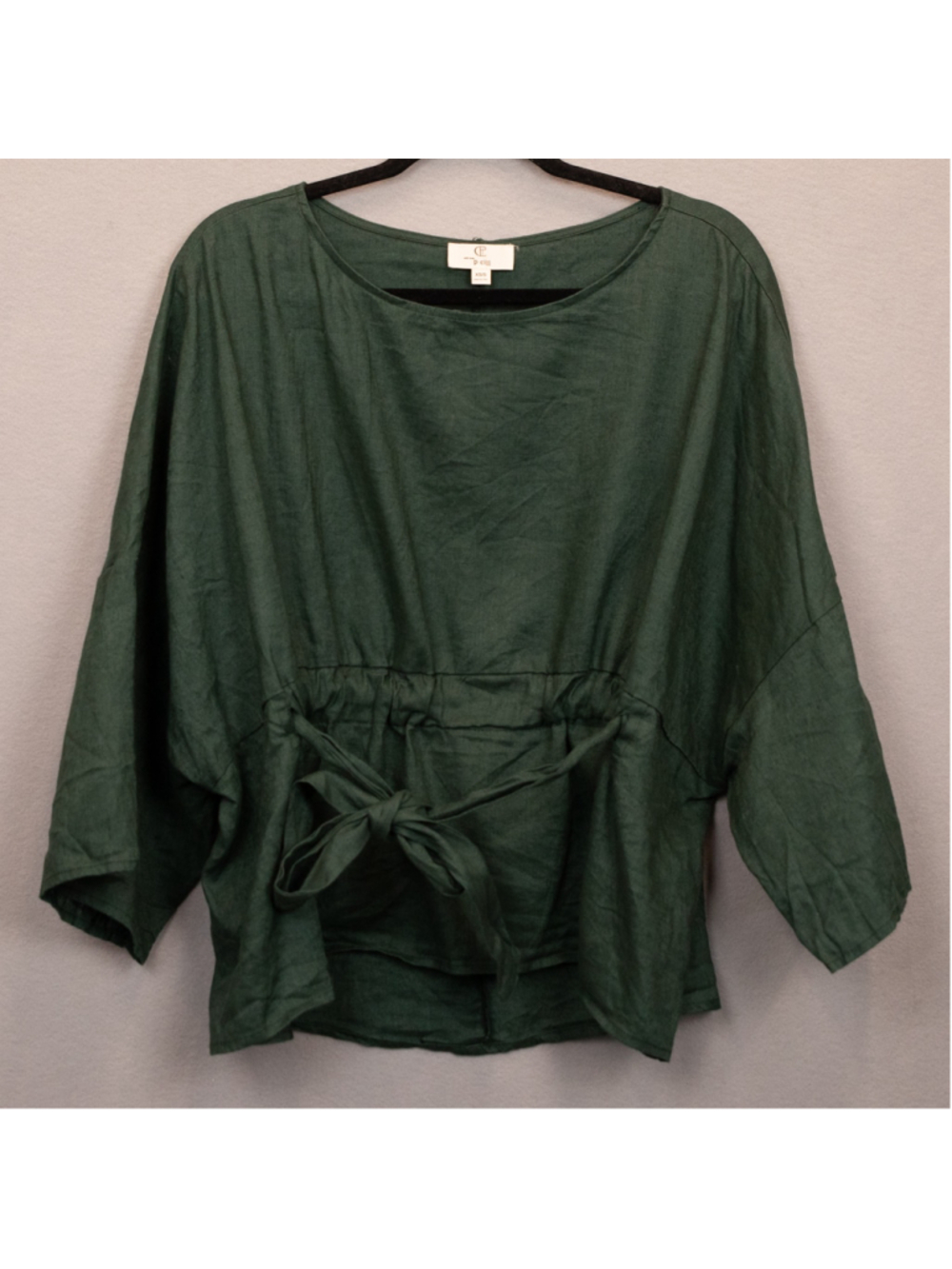 P. Cill Mika green linen front drawstring 3/4 sleeve top-XS/S
